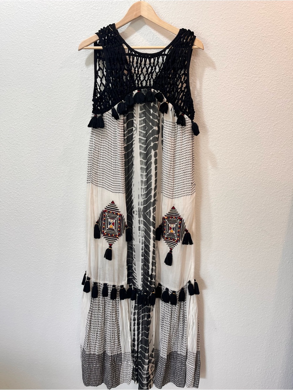 Sean Collection Black and White Embroidered Tassel Maxi Dress